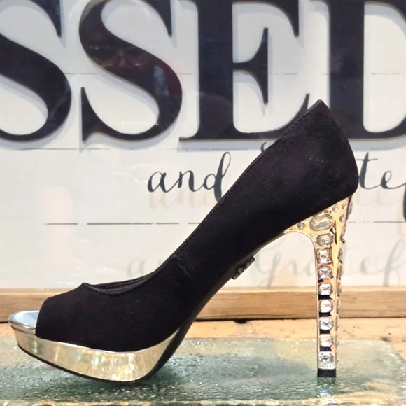 Simply Vera Vera Wang Black Open Toe Jewel Heel Platform Wmns Sz 8.5 - Picture 7 of 11